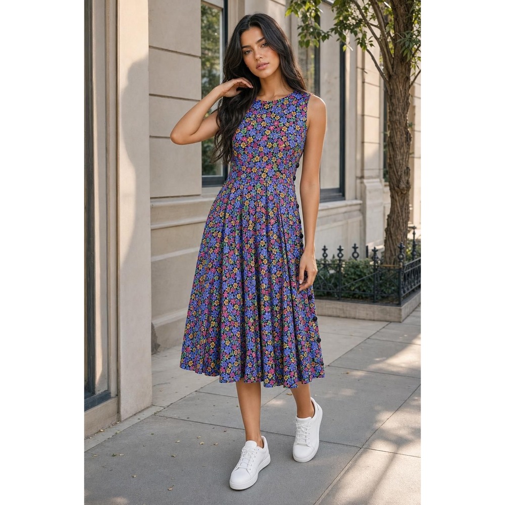 Vintage Erika Floral‎ Midi Dress Women's M Rayon Button Side Cottagecore 90s